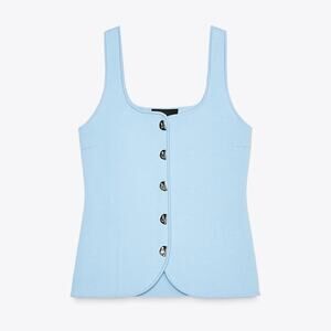 NWOT Zara Knit Corset Tank Top Light Blue Silver Button Front Size Small Pastel